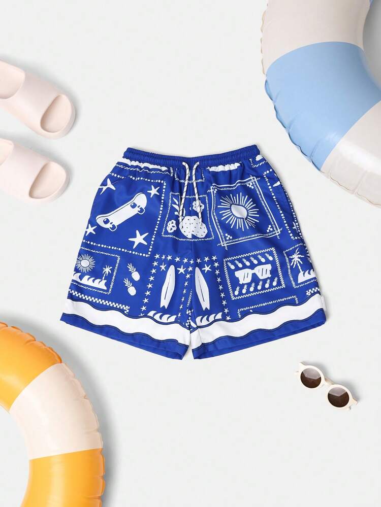 Boardshorts mit elastischer Taille und Hawaii-Print und Taschen