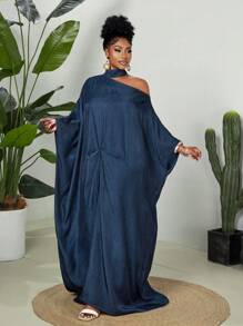 Maweii Plus Size Women Solid Color Elegant Batwing Sleeve Faux Denim Maxi Dress - Blue - View 6