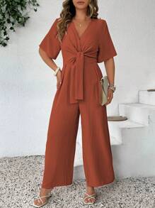 SHEIN Clasi Fashionable Casual Retro V-Neck Cinched Waist Jumpsuit - Orange - View 7