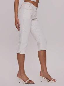 MUSERA 缝线拉链七分牛仔裤，优雅、假日、可爱，Y2K风格生日夏日度假款 - 白色 - 查看 4