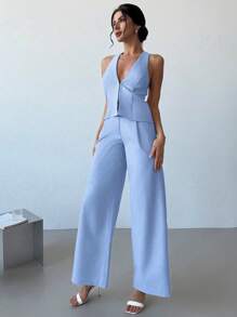 Firerie Nuevo conjunto de primavera/verano de estilo elegante, moda casual versátil, vintage de lujo, color lino sólido, chaleco sin mangas con cuello en V y lazo en la espalda, y pantalones anchos de pierna ancha con pliegues de cintura alta, 2 piezas para otoño/invierno