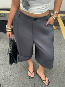 POPSWAY Calças elegantes e casuais de cintura alta, pernas largas, 7/10, para mulheres, com punhos dobrados, estilo solto, calças versáteis