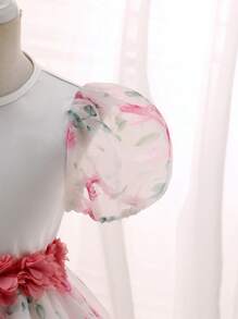 Glamorique Kids 女童花卉印花圆领泡泡袖轻盈柔软缎面花卉连衣裙，春夏 - 粉色 - 查看 4