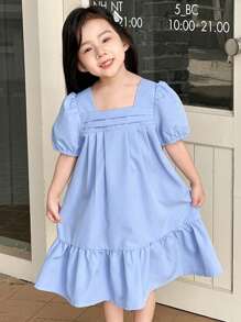 SHEIN Carino abito midi in poliestere azzurro chiaro per ragazze giovani con scollo quadrato e maniche corte a palloncino, ritorno a scuola per ragazze - Blu - Visualizzare 7