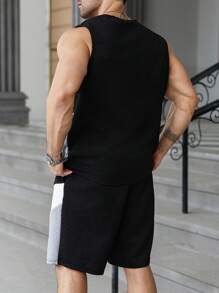 Manfinity Homme Plus Size Men's Casual Textured Color Block Tank Top & Shorts Set