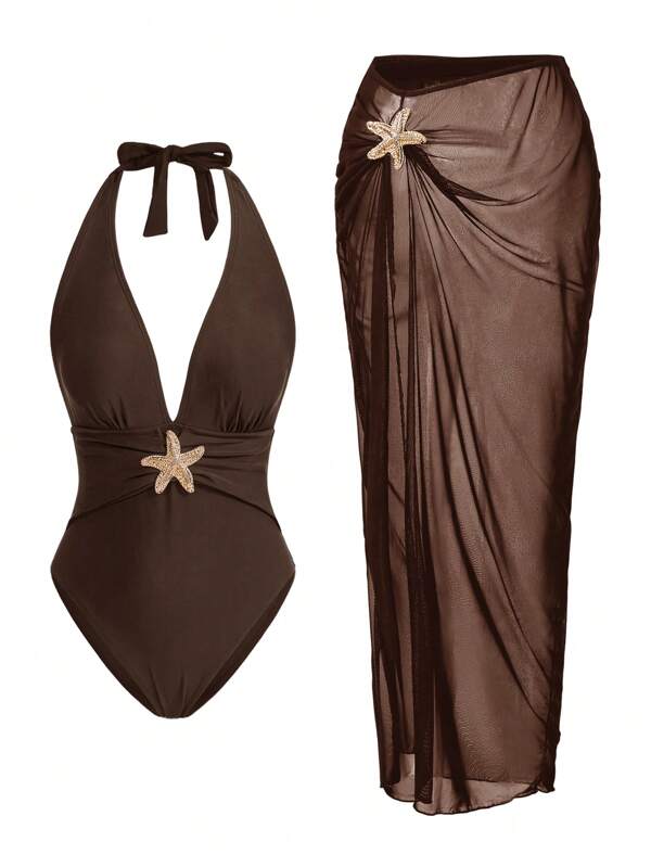 Swim Oasis Set de costum de baie dintr-o singură piesă Sunner Vacation, elegant și romantic, cu decor de stele de mare