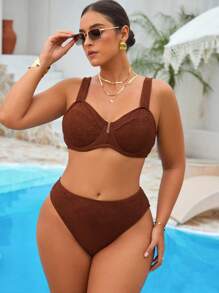Swim Vcay 加大码咖啡色特殊面料比基尼泳装套装