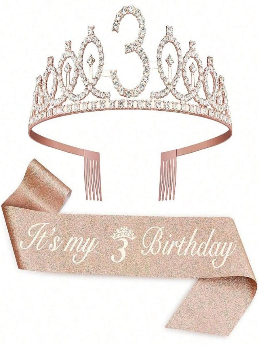 Set de 2 piezas que incluye peine para el cabello con corona de cristal de strass para el 3er, 4to, 5to, 6to, 7mo, 8vo, 9no cumpleaños, decoración de aniversario, "¡Es mi 5to cumpleaños!", faja de satén, suministros para fiestas, corona de strass y decoración de cumpleaños, navidad, día de la madre, graduación - Multicolor - Ver 1