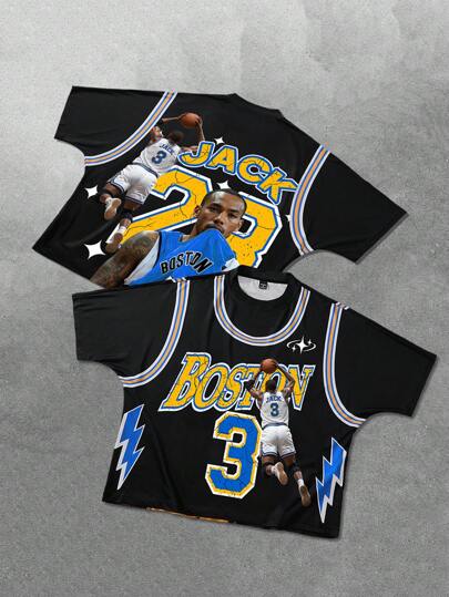 Manfinity EMRG Camiseta de manga corta estilo raglan de corte holgado, con diseño de jersey de colores brillantes y patrones texturizados, estampado de camiseta de tirantes, estilo multicapa, inspirado en la popular de , para uso casual, deportivo, diario, vacaciones, festival, regalo, camiseta de baloncesto