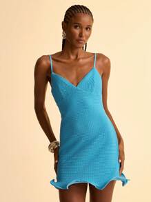 CAJUNI Damen Boho Urlaubs V-Ausschnitt Spaghettiträger Blau Volant Saum Pailletten Seestern Lässig Sommer Strand Urlaub Date Mini Kleid - Blau - Übersicht 3