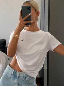 Livesso Women's Summer Round Neck Fitted Tee With Embroidered Decor, Casual Unisex Urban Style Short Sleeve T-Shirt