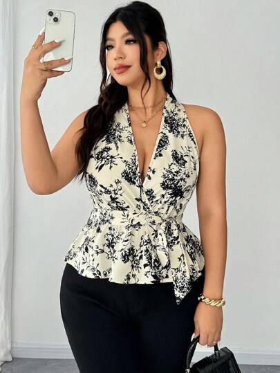 Elenzga Camisa casual de primavera/verano para mujer de talla grande con diseño elegante y versátil; cuello en V, volantes en el bajo, ata a la cintura y hombros descubiertos