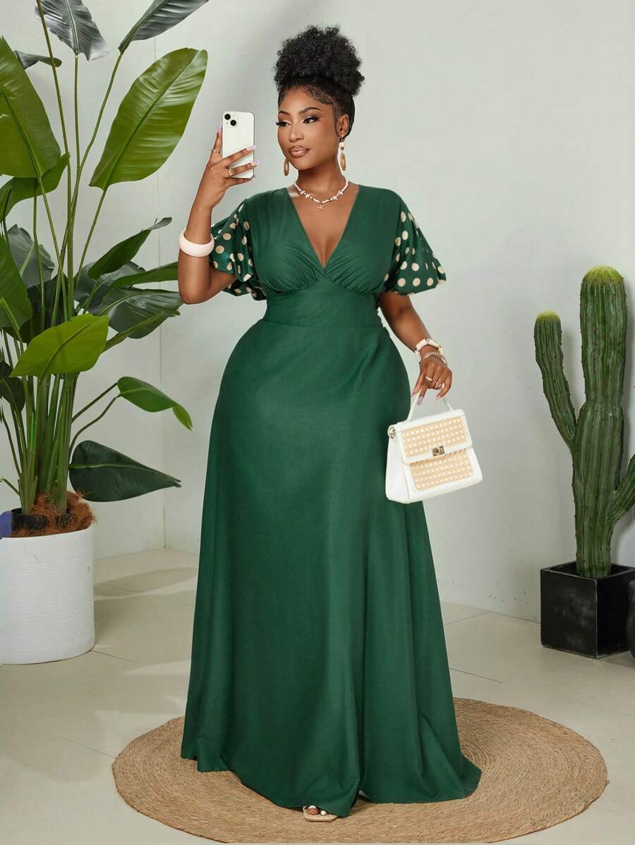 Maweii Vestido largo con escote en V, manga globo y estampado de lunares para mujer talla grande - Verde - Ver 1