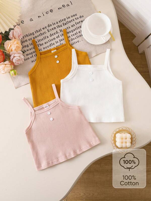3 Stücke/Set Mädchen Lässig Gestrickt Top, Rippdesign, Mehrfarbig, Vielseitig Kombinierbar Unterhemd, Frühling/Sommer