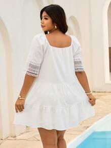 Elaquor 大码夏季休闲浪漫度假流苏装饰撞色系带领口多层荷叶边白色连衣裙