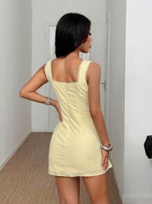 SHEIN PETITE 女士修身花卉印花方领喇叭下摆休闲黄色连衣裙，春夏度假装