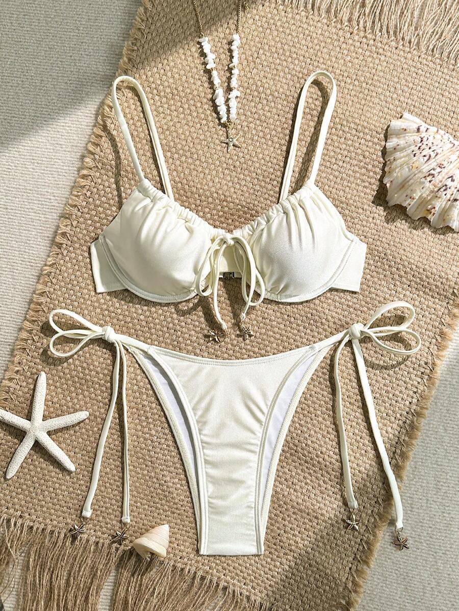 Swim Mod Spring Break 2pcs Set - Solid Color Spaghetti Strap Underwire Chest-Tie Top And Side Knotted Swim Shorts, Cute Women Summer Beach Bikini Set