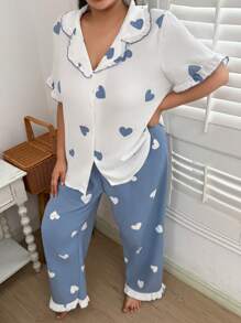 SHEIN 加大码短袖家居服上衣和裤子套装，云朵面料搭配心形印花，柔软舒适，适合假日季节 - 藍色 - 查看 3