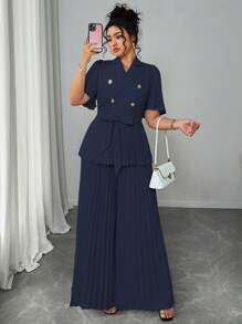Elenzga Plus Size Women French Elegant Minimalist Summer Pleated Short Sleeve Loose Two Pieces Set - Navy Blue - View 5