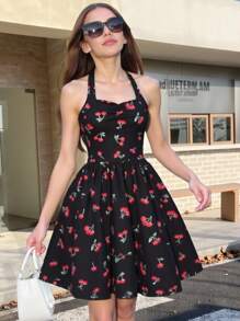 少女优雅甜美法式樱桃印花露背短款溜冰裙