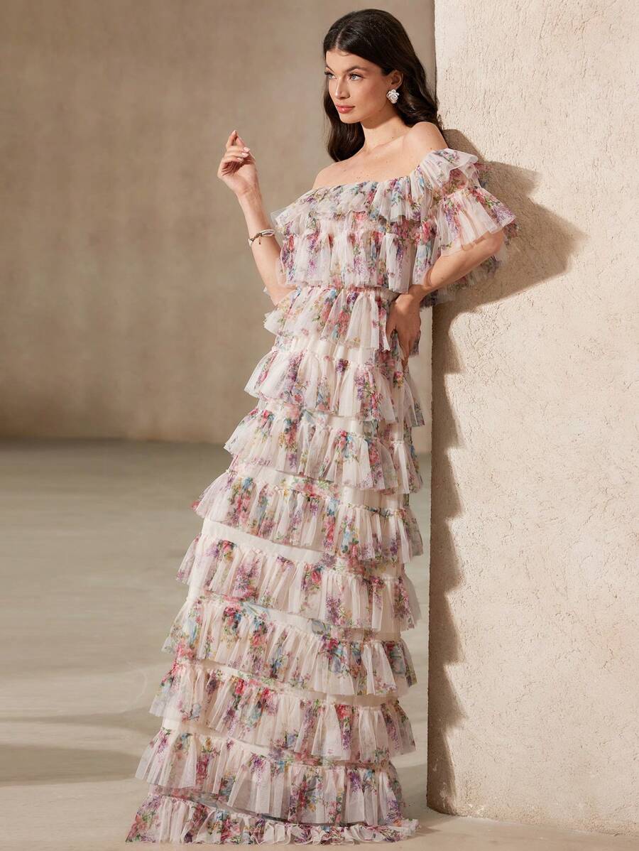 Aveloria Rosie Rose Garden-Style Pink Mesh Laser Cut Maxi Dress, Off Shoulder Tiered Ruffle Hem, 3D Mesh Fabric For Elegant Look, Waisted Design Highlights Curves, Suitable For Travel, Vacation, Parties