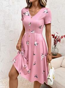 SHEIN Clasi V-Neck Button Red Polka Dot Waist Cinched Women Dress,Spring Clothes,Valentine's Day Dress,Dresses For Women Summer - Pink - View 4