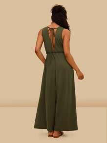 Travachic Mono de tejido elástico y cómodo con cuello en V y bolsillos para mujeres de tallas grandes, mono informal holgado de punto verde del ejército