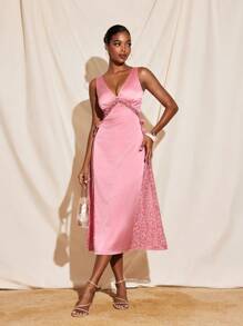 BELZY Women Elegant Pink Satin Transparent Lace Blocked Deep V Midi Dress Summer Wedding Romantic