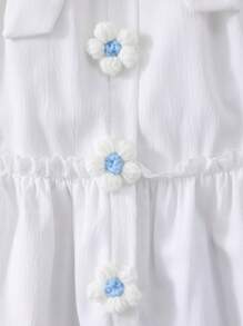 SHEIN Tween Girls' Floral Print Collar Button-Up Puff Sleeve Dress With Belt, Filipiniana Terno - White - View 5