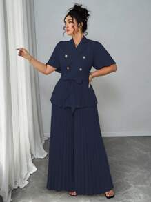 Elenzga Plus Size Women French Elegant Minimalist Summer Pleated Short Sleeve Loose Two Pieces Set - Navy Blue - View 4