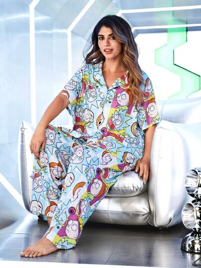 Rick and Morty X SHEIN Plus Size Cartoon Pattern Front Button Short Sleeve Top And Long Pants Pajama Set