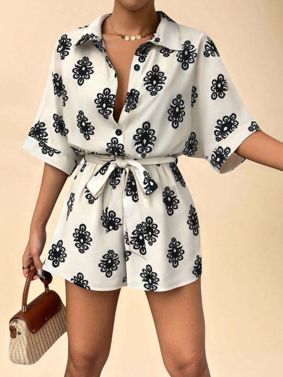 SHEIN LUNE Bộ đồ liền thân in họa tiết tay cánh dơi cổ buộc cho nữ - Nhiều màu - Xem 1