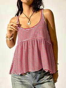 Áo ba lỗ nữ Easelle 2025 dáng chữ A, cổ điển, phong cách Bohemian, sọc đỏ trắng, ngày 4 tháng 7, áo ba lỗ nữ mùa hè - Đỏ và trắng - Xem 6