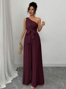 Elenzga Bộ đồ liền thân ống rộng nhún eo màu mơ thanh lịch dành cho nữ - Màu Đỏ Sâu - Xem 6