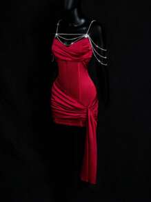 SHEIN ICON 女士红色优雅紧身迷你连衣裙，配有腰部荷叶边腰带 - 紅色 - 查看 7