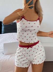 DAZY 2 件套女士修身樱桃印花撞色边吊带短裤睡衣套装，返校服