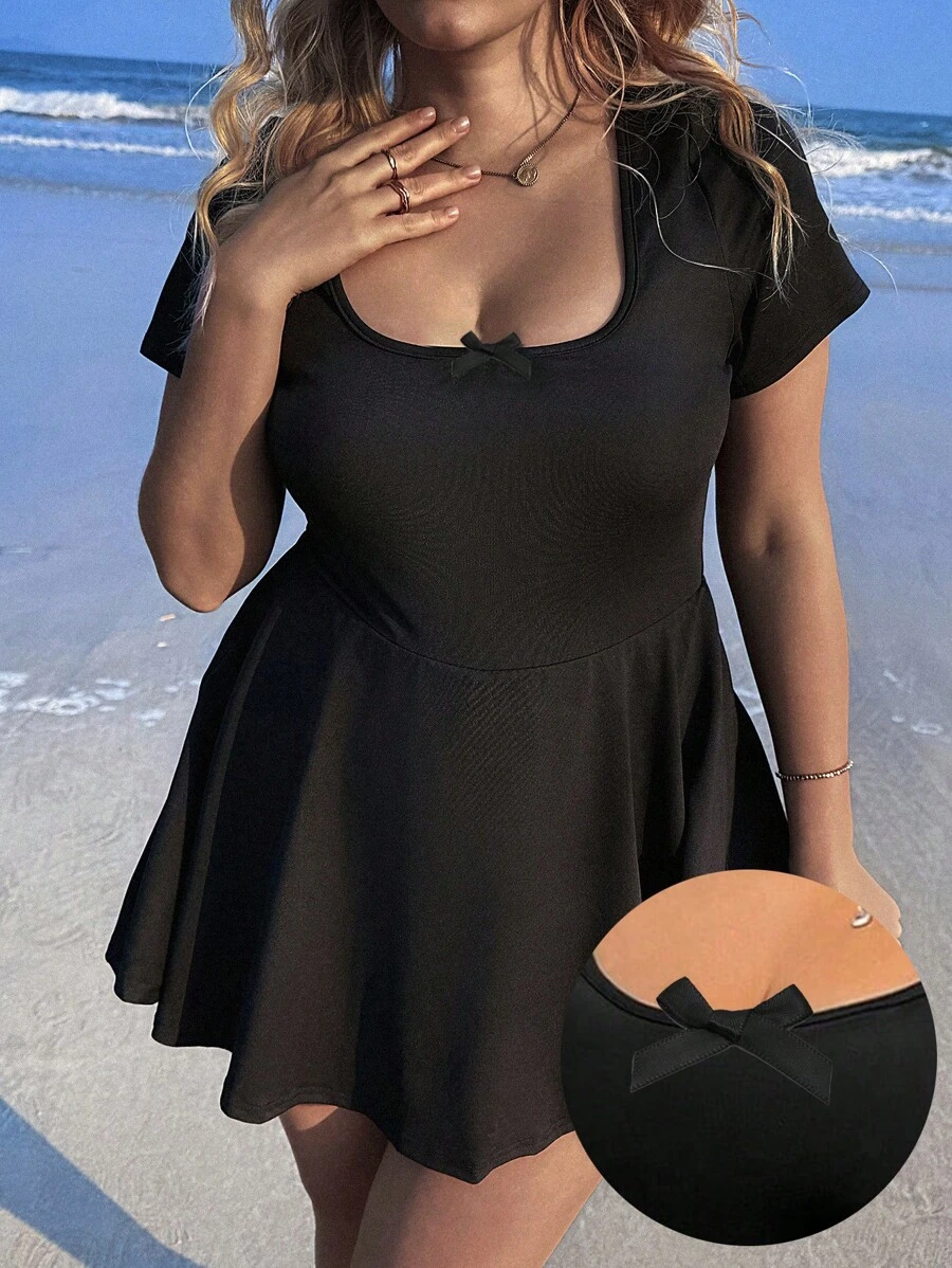 SHEIN EZwear Plus Size Jumpsuit With Butterfly Embroidery Pattern, Casual Style Suitable For Summer Beach Vacation - Black - View 1