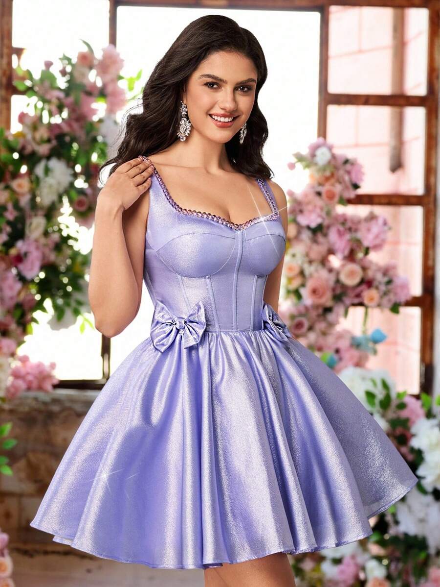 Lovelzi 优雅、浪漫、甜美紫色网眼露肩腰部荷叶边生日派对、婚礼派对、舞会礼服 - 紫羅蘭色 - 查看 1