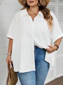 SHEIN CURVE+ Áo sơ mi trắng tay ngắn dáng rộng thoải mái dành cho nữ cỡ lớn, thích hợp cho kỳ nghỉ hè và đi biển/đi biển/nghỉ mát biển/đồ dùng cần thiết khi đi biển/lễ tốt nghiệp/tiệc trà mùa hè/phong cách đồng quê/kỳ nghỉ biển/bãi biển/trang phục đi biển - trắng - Xem 4