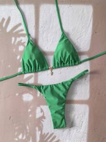 Swim Vcay Bộ bikini dây kim loại màu trơn mùa hè gợi cảm cho nữ - màu xanh lá - Xem 4