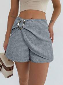 Firerie Festival New Arrival Simple Elegant Fashion Commuter Linen Metal Accessory Front Wrap Linen And Bamboo Fabric Apricot Casual Shorts,Linen Pants - Grey - View 6