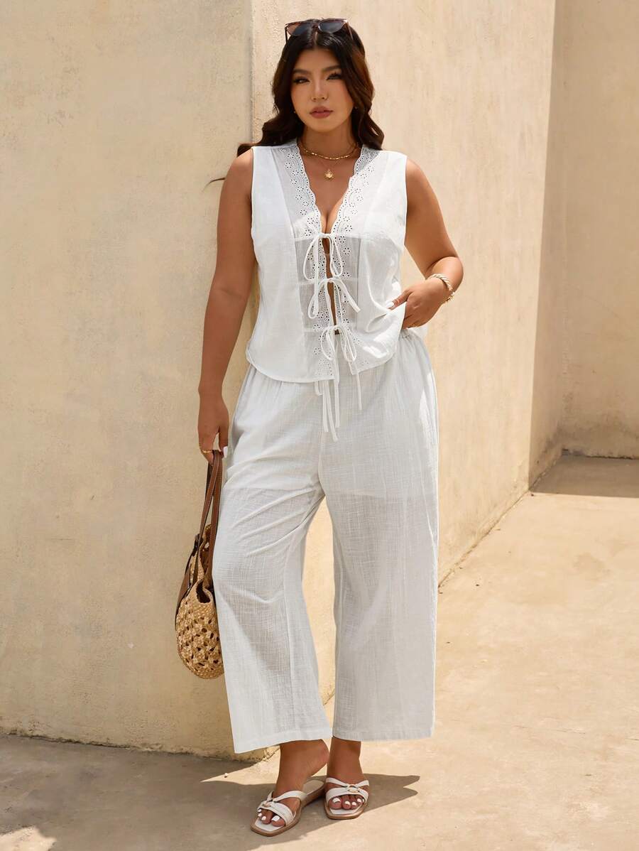 Elaquor Plus Size Women's All-Match Casual Lace Trim Tie-Front Co-Ord Set, White Shirt Blouse And 7/8 Pants, Summer