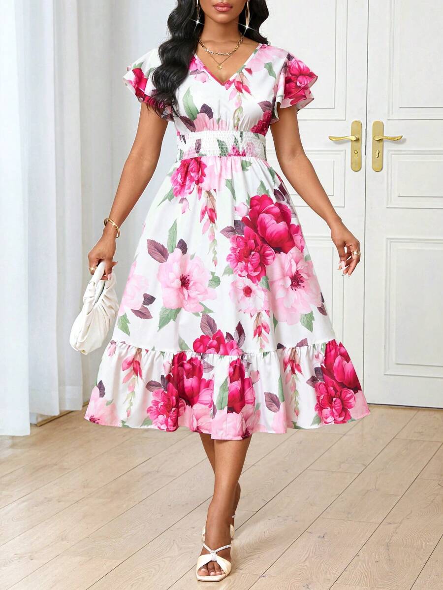 SHEIN Lady Women Summer Floral Printed Ruffle Sleeve Vacation Elegant Short Dress - Pink - View 1