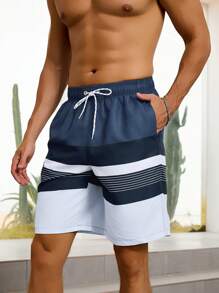 Surfspeed Men's Elastic Waist Drawstring Striped Pocket Casual Beach Shorts, Hawaiian - Royal Blue - View 4