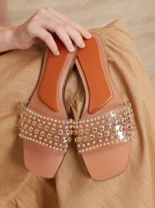 MOTF WOMEN'S FASHION COMMUTER RIVETED DECOR TRANSPARENT OPEN TOE FLAT SANDALS - Brown - View 3
