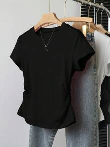 Set de 3 piezas de tops para mujer para exteriores, en color champán, marrón moca y negro, nuevas llegadas de verano, camiseta ajustada con pliegues, de moda y versátil, con estilo ca - Multicolor 8 - Ver 4
