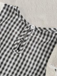 2pcs Baby Girl Infant Toddler/Newborn Spring/Summer Casual Countryside Vacation Sweet & Cute Black/White Plaid Sleeveless Lace Trim Blouse & Wide-Leg Pants Outfit Set - Black and White - View 5