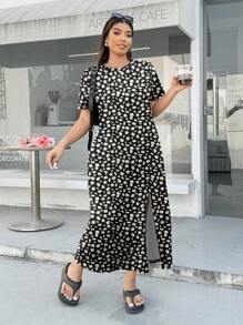 SHEIN EZwear 休闲简约夏季雏菊碎花短袖弹力宽松开衩大码连衣裙 - 彩色 - 查看 4