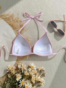 SHEIN Swim بكيني نسائي ملابس علوية بلون وردي ذو رقبة حلقة، مناسب للشاطئ والعطلات الصيفية - وردي - مشاهدة 2