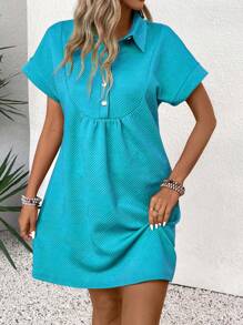 EMERY ROSE Women's Solid Color Half-Zip Collared Button-Up Casual Dress - Blue - View 4